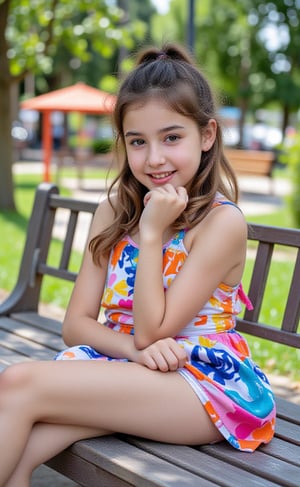 "Chloe, a 10-year-old with a petite childand adorable frame, sitting joyfully at the bench. Seated with her legs spread out,vibrant colors, her playful alluring mini dress  has shifted, revealing a hint of her cute underwear. Chloe’s lively and enthusiastic nature adds to the fun atmosphere."