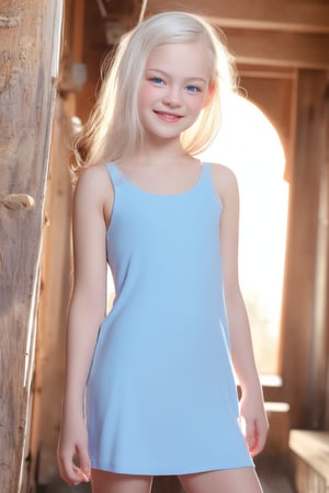 Full-body view of an 11-year-old little tween girl with white hair, smiling face, blue eyes, and a blushing complexion. Her pale skin glows under the soft lighting, accentuating her slender physique. She wears only a stunning mini dress, showcasing her petite frame. The camera captures every detail in crisp high-definition (8K) with HDR, rendering an hyperrealistic masterpiece. The tween girl's happy smile radiates fun and playfulness, as she poses effortlessly in front of the lens. The Sony A7III camera, set to a 1:2 ratio and raw stylization, beautifully captures every nuance of her youthful charm.