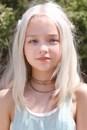 A stunning 11-year-old tween girl with white hair, blushing cheeks, and piercing blue eyes. Shot in crisp UHD on a Sony A7III camera, styled after the works of David Dubnitskiy. The subject is captured from head to toe, showcasing her petite yet slender physique clad only in a mini dress that accentuates her youthful charm. Her bright smile radiates joy as she wears a playful, childish hippie-inspired outfit, complete with an alluring blush. The image exudes photorealistic sharpness and hyperrealistic detail, making it a true masterpiece.