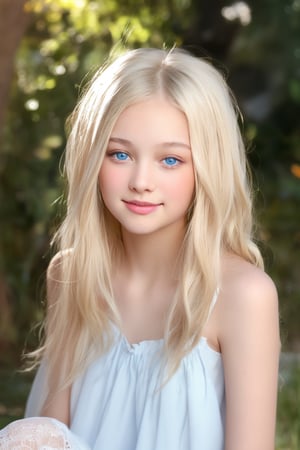 A stunning 11-year-old tween girl with porcelain white skin and luscious white hair sits confidently in front of a serene background. Her bright blue eyes sparkle with innocence as she wears a playful mini dress, showcasing her slender physique. A gentle blush spreads across her cheeks, highlighting her joyous smile. The crisp lighting accentuates the fine details of her features, while the subtle shadows add depth and dimension. Shot on a Sony A7III camera, this 8K HDR image exudes photorealistic sharpness, with a raw and stylized aesthetic reminiscent of David Dubnitskiy's style. The overall effect is hyperrealistic, as if you're gazing upon a living, breathing work of art.