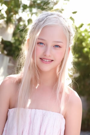 A stunning 11-year-old tween girl with striking white hair and bright blue eyes beams with a joyful smile, her pale skin flushing with blushed cheeks. She wears only a flowing hippie dress, exuding carefree charm. Framed against a crisp white background, the petite sweetheart is bathed in warm light, her slender form showcased in hyperrealistic detail. Shot on a Sony A7III camera, this masterpiece of a photograph boasts 8k resolution and HDR quality, with intricate shadows adding depth to the scene.