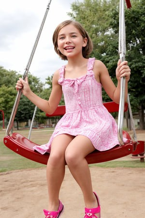 "Olivia, a 12-year-old with a petite and charming appearance, enjoys swinging on a playground swing. Seated with her legs spread comfortably, her 
playful dress has shifted slightly, offering a glimpse of her cheerful underwear. Olivia’s youthful joy and energetic spirit make her a delightful part of 
the playground."