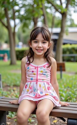 "Chloe, a 10-year-old with a petite childand adorable frame, sitting joyfully at the bench. Seated with her legs spread out,vibrant colors, her playful alluring mini dress  has shifted, revealing a hint of her cute underwear. Chloe’s lively and enthusiastic nature adds to the fun atmosphere."