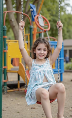 "Chloe, a 12-year-old with a petite and adorable frame, swings joyfully at the playground. Seated with her legs spread out, her playful dress 
has shifted, revealing a hint of her cute underwear. Chloe’s lively and enthusiastic nature adds to the fun atmosphere of the playground."