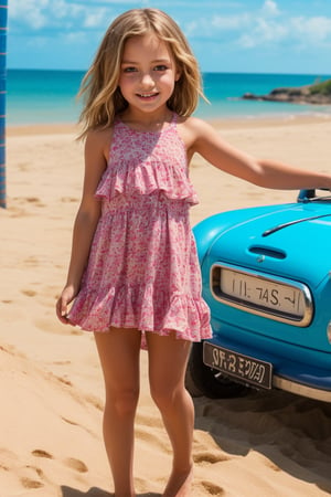 "A lively tween girl is having a fun day on a sunny beach. As she builds sandcastles, splashes in the waves and sunbathes, her colorful mini dress can easily shift, revealing a bit of her underwear or a glimpse of her developing figure as the strap of her mini dress slips down. Emily's boundless energy and joy for beach activities make her a charming presence."