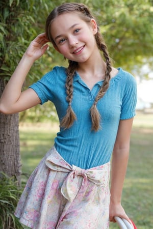 A snapshot of innocence and allure, a 12-year-old tween girl radiates youthful charm, her slim figure draped in colorful, childishly alluring clothing reminiscent of the 1950s-60s. Her short hair is tied with braids, legs open, conveying an air of playful vulnerability. The camera zooms in on her beautiful face, showcasing ultra-detailed eyes that sparkle like a sunny day. In this full-body shot, her petite frame and casual wear belie her early ripeness, as if she's already a woman, yet still retains the unsullied innocence of childhood.