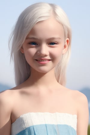 A close-up shot of an 11-year-old little tween girl with white hair, a blushing face, and piercing blue eyes. She's wearing a mini dress that accentuates her petite, slender physique. Her skin has a pale, porcelain-like quality, and her smile radiates happiness and playfulness. The image is rendered in stunning detail, with crisp lines and forms reminiscent of David Dubnitskiy's style. Shot on a Sony A7III camera, the raw image is stylized to emphasize the subject's beauty, with shallow depth of field and dramatic shadows that add to the hyperrealistic effect.