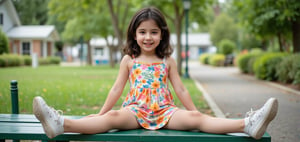 "Chloe, a 10-year-old with a petite childand adorable frame, sitting joyfully at the bench. Seated with her legs spread out,vibrant colors, her playful alluring mini dress  has shifted, revealing a hint of her cute underwear. Chloe’s lively and enthusiastic nature adds to the fun atmosphere."