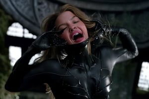 Sydney sweeney angry rage ripping the black liquid latex symbiote slime , female body , long hair, 1girl, blonde hair , symbiote tendrils, realistic style, slim body shape, sexy female body, girl sexy, bell tower background , black suit , girl screaming , beautiful girl screaming, bodysuit