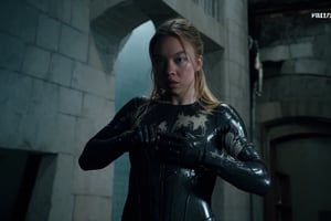 Sydney sweeney angry rage ripping the black liquid latex symbiote slime , female body , long hair, 1girl, blonde hair , symbiote tendrils, realistic style, slim body shape, sexy female body, girl sexy, bell tower background , black suit , bodysuit