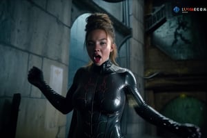 Sydney sweeney angry rage ripping the black liquid latex symbiote slime , female body , long hair, 1girl, blonde hair , symbiote tendrils, realistic style, slim body shape, sexy female body, girl sexy, bell tower background , black suit , girl screaming , beautiful girl screaming, bodysuit