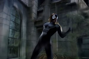 Sydney sweeney wearing spider girl mask fighting to remove the black suit , female body , long hair, 1girl, blonde hair , symbiote tendrils, realistic style, slim body shape, sexy female body, woman sexy, bell tower background , black suit , 