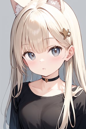 1girl, animal_ears, bangs, black_background, brown_background, choker, collarbone, facial_mark, grey_background, long_hair, looking_at_viewer, parted_lips, portrait, simple_background, solo