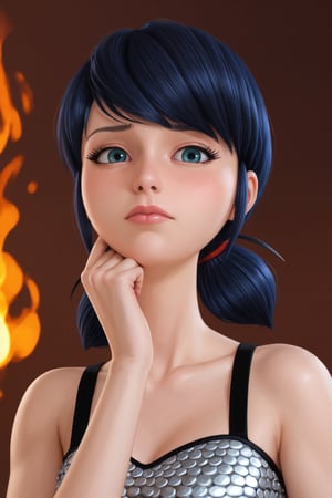 Marinette Dupain-Cheng, Female Warrior Mage Tiefing, Tiefing Horns, Martial Artist, Chainmail Mage Armor, Detailed Face, Rugged Face, Close Up Face Portrait, Lean Female Body Physique, sexy Female, Female Body Shape, Fit Female Body, 4KUHD quality, 1080i, 1080p, Cinematic Quality, Dramatic Lighting, Bokeh, Unreal Engine 5, Cel Shaded Style, Surrounded by Cosmic Fire, Anime Asthetic, DBZ Asthetic, Studio Ghibli Asthetic, Dungeons and Dragons Asthetic, Dune Asthetic, Desert Background [DreamGlow (NEW)], FANTASY, add_detail:1, add_detail:0, add_detail:0.5,marinetteBug,score_9,score_8_up