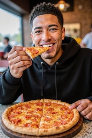 Jude Bellingham men smile, eating pizza 