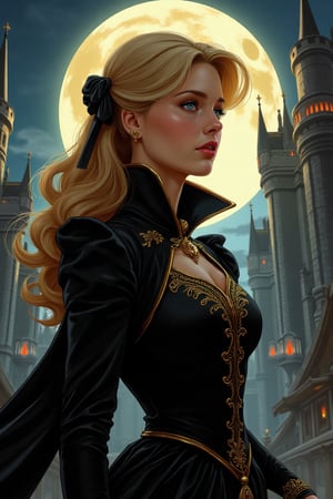 roboquest. Elegantism, opulent scene, full portrait of a Victorian lady, heroic, black clothes, gold trim, full moon, castle, head and shoulders portrait, 8k resolution. (masterpiece, top quality, best quality, official art, beautiful and aesthetic:1.2), (1girl:1.4), upper body, blonde hair, portrait, extreme detailed, in the style of esao andrews,style,oil paint ,concept,fantasy