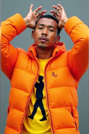 a man in a bright orange puffy jacket is seen in a collage of three separate images. He is wearing a yellow t-shirt with a black silhouette of a person on it. His hands are raised in the air, adding a touch of balance to the scene. His hair is short and neatly trimmed. His eyes are closed, and his mouth is slightly open, as if he is posing for the camera.