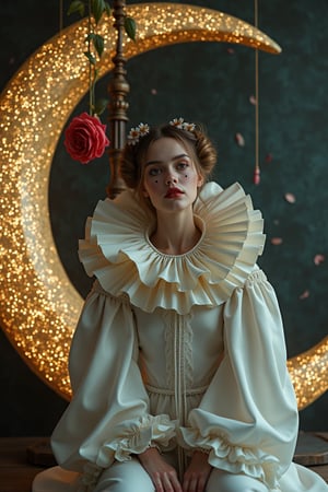 beautiful French girl Pierrot hanging a rose; sitting on a crescent moon, sweet and cinematic expression, dynamic poses, large white ruffle collar, french pierrot makeup and a single black teardrop drawn below the eye, hyperdetailed, mirano fujita style, 4K 64 megapixels 8K resolution HDR, shiny, Epic Masterpiece, sci-fi_futuristic_shroompunk,flat chested,1girl