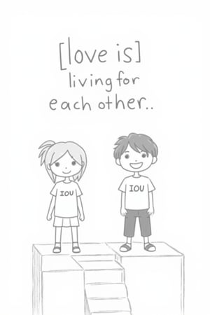 A black and white cartoon drawing of a boy and a girl standing on a raised platform with the words "IOU" written on their shirts. The boy has short black hair and a big smile on his face. The girl has short brown hair. The background is a solid white. At the top of the image, the word "love is" is written in a bold black font. Below the words, "living for each other."