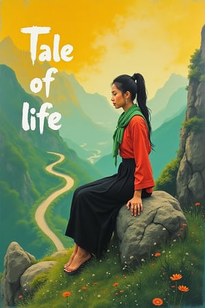 a vibrant painting captures a woman sitting on a rock formation, her hands resting on her knees. The woman is dressed in a traditional Asian dress, adorned with a green scarf and a black skirt. Her hair is tied back in a ponytail, adding a touch of color to the scene. The scene is set in a mountainous landscape, with a winding road running through the landscape. The road is surrounded by lush green grass, adding depth to the composition. To the left of the image, the word "Tale of life" is written in a bold, white font. The background is a mix of yellow and green hues, creating a striking contrast to the painting.