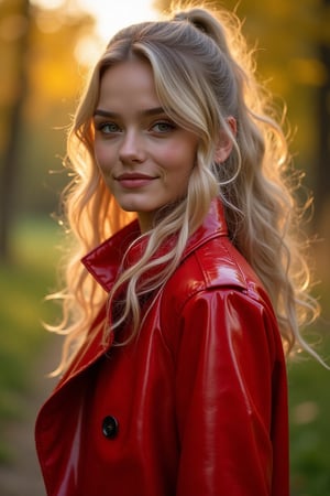 a fully visible beautiful scandinavian model, she is wearing a short glossy metallic red pvc trench coat, very long straight blonde hair, with luscious curly blonde hair stands in a sun-dappled clearing. With an inviting smile, she gazes directly at you, her lips slightly parted in anticipation. As a gentle breeze tousles her ponytail, she exudes an effortless allure, the vibrant colors of nature serving as the perfect backdrop to her radiance.ty. 
