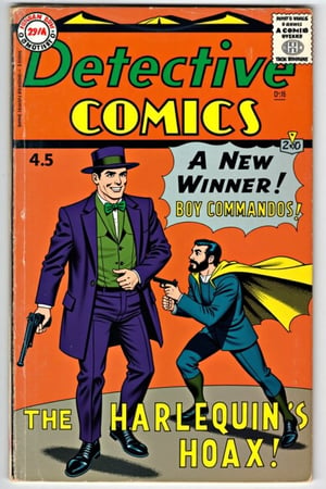 Captured from a clear plastic cover of a comic book called Detective Comics. The cover is a vibrant orange, with a black background. The title of the comic is written in bold yellow letters, with the number "4.5" at the top left corner of the cover. Below the title is a small number "A New Winner!" in bold white letters. Below that is the word "Boy Commandos" in a smaller yellow letters. The comic book features a man in a purple suit with a green shirt and a green bow tie. He is holding a gun in his right hand and has a smile on his face. The man in the green shirt is holding the gun with his left hand and is facing towards the right side of the image. He has a black mustache and a black beard. He's wearing a blue cape and a blue hoodie. The other man is running towards the bottom of the book with a yellow cape. The book has the words "The Harlequin's Hoax!" written on it in black letters.