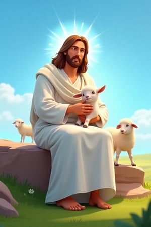 roboquest. Jesus wearing a simple and clean white robe. sitting on the rock and hug a lamb , full_body, peaceful expression, (holy light behind Jesus's head), blue sky, sheeps on green land, Ultra detail face, beautiful glowing effects, sparkle effects, realistic body proportions, complex masterpiece,  (full shot:1.5), front shot, complex physics, enhanced colors, ultra detailed raytracing reflections,