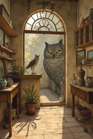 sepia color,
myths of another world,Nostalogic atmosphere,
pagan style graffiti art, 
Inside the secondhand store, framed paintings, furniture, pots, and a proud owl.
watercolor \(medium\),