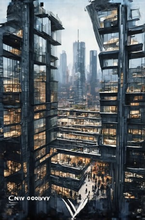 In a bold low-angle shot, the glassy façade of the New Colony's sleek building rises vertically into the sky, its sharp lines and reflective surfaces piercing through the urban void. The busy streets and surrounding buildings blur in the background, framing the subject as a beacon amidst the vibrant cityscape. Stacked windows reflect the steel giants of skyscrapers, while modern architecture meets avant-garde design.,Newcolony,Horizontal