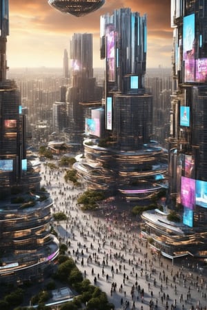 A futuristic cityscape at dusk: A camera captures a sprawling metropolis, bathed in the warm glow of an orange-tinged sky. Sleek skyscrapers with neon-lit exteriors refract vibrant colors across the cobblestone streets, as towering buildings with mirrored facades reflect the kaleidoscope hues. Slender poles support holographic advertisements, slicing through the air amidst a sea of pedestrians from diverse backgrounds, converged on the city's pulsating heart, energized by the symphony of sounds and lights that fill the void.,futureurbannight,futureurbanday