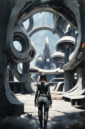 concept art, portrait  1girl wearing black sci-fi clothes, futuristic,, style by Nirav Patel,symmetrical fractal megastructure  Colossal scale, cinematic, wide angle, dramatic lighting, perfect focus, depth of field the view from afar,Look at the camera