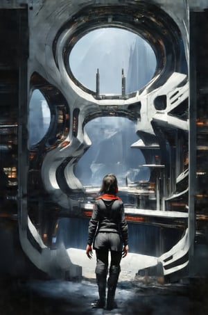 concept art, portrait  1girl wearing black sci-fi clothes, futuristic,, style by Nirav Patel,symmetrical fractal megastructure  Colossal scale, cinematic, wide angle, dramatic lighting, perfect focus, depth of field the view from afar,Look at the camera