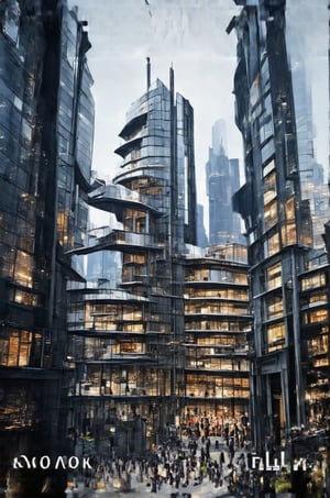 In a bold low-angle shot, the glassy façade of the New Colony's sleek building rises vertically into the sky, its sharp lines and reflective surfaces piercing through the urban void. The busy streets and surrounding buildings blur in the background, framing the subject as a beacon amidst the vibrant cityscape. Stacked windows reflect the steel giants of skyscrapers, while modern architecture meets avant-garde design.,Newcolony,Horizontal