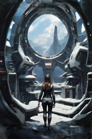 concept art, portrait  1girl wearing black sci-fi clothes, futuristic,, style by Nirav Patel,symmetrical fractal megastructure  Colossal scale, cinematic, wide angle, dramatic lighting, perfect focus, depth of field the view from afar,Look at the camera