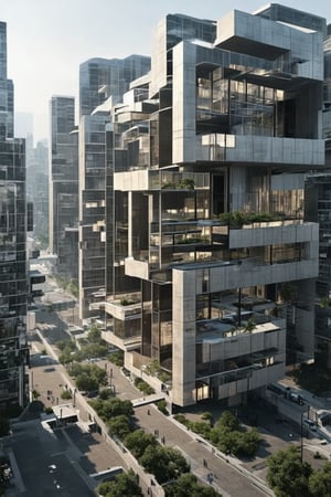 POV, DOF, A modern cityscape features a sleek, glass-fronted building standing proudly in the heart of town. The structure's vertical lines are juxtaposed with the horizontal plane of the sidewalk, creating a dynamic sense of tension. Framed by the blurred background of surrounding buildings and bustling streets, the subject takes center stage.,Vertical,Horizontal,Frames,Void,Stacked,Newcolony