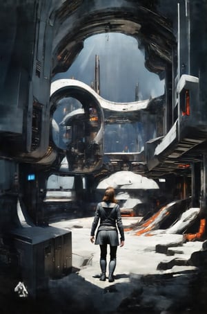 concept art, portrait  1girl wearing black sci-fi clothes, futuristic,, style by Nirav Patel,symmetrical fractal megastructure  Colossal scale, cinematic, wide angle, dramatic lighting, perfect focus, depth of field the view from afar,Look at the camera