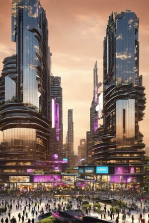 A futuristic cityscape at dusk: Framed by a vast, orange-hued sky, sleek skyscrapers rise like shards of glass, their neon-illuminated exteriors casting a kaleidoscope of colors across the streets. Towering buildings with reflective facades mirror the vibrant hues, as slender poles supporting holographic advertisements slice through the air. Busy pedestrians from diverse backgrounds converge on the city's pulsating heart, energized by the symphony of sounds and lights that fill the void.