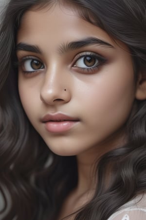 photography of a 18yo girl, masterpiece, photorealistic, analog, realism, neutral background, perfect eyes, pale skin, long black wavy hair, black eyes, indian teenage girl, cute face, showing her whole body, Hyper Realistic photo 