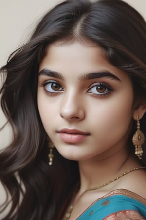 photography of a 18yo girl, masterpiece, photorealistic, analog, realism, neutral background, perfect eyes, pale skin, long black wavy hair, black eyes, indian teenage girl, cute face, full body shot, Hyper Realistic photo 