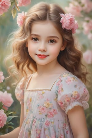 (highres,masterpiece:1.2),realistic portrait,girl with big round eyes,tiny nose and rosy lips,adorable facial expression,pale complexion,long eyelashes and thick eyebrows,soft curly hair,flowy dress with floral patterns,playful and innocent smile,beautiful natural light,soft pastel colors,vibrant background of blooming flowers,sweet and warm atmosphere,close-up shot to capture all the intricate details,happy and carefree mood,perfect balance between innocence and maturity,artistic oil painting style,delicate brushstrokes,impeccable attention to detail,emotive and lifelike portrayal,classic and timeless aesthetic.