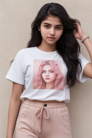 photography of a 18yo girl, masterpiece, photorealistic, analog, realism, neutral background, perfect eyes, pale skin, long black wavy hair, black eyes, indian teenage girl, cute face, Hyper Realistic photo, wearing pink pants and t-shirt 