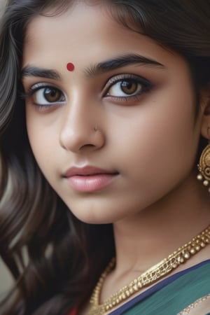 photography of a 18yo girl, masterpiece, photorealistic, analog, realism, neutral background, perfect eyes, pale skin, long black wavy hair, black eyes, indian teenage girl, cute face, saree, Hyper Realistic photo 