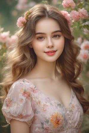 (highres,masterpiece:1.2), realistic portrait,18 year old girl with big round eyes, tiny nose and rosy lips, adorable facial expression, pale complexion, long eyelashes and thick eyebrows, soft curly hair, flowy dress with floral patterns, playful and innocent smile, beautiful natural light, soft pastel colors, vibrant background of blooming flowers, sweet and warm atmosphere, close-up shot to capture all the intricate details, happy and carefree mood, perfect balance between innocence and maturity, artistic oil painting style, delicate brushstrokes, impeccable attention to detail, emotive and lifelike portrayal, classic and timeless aesthetic.