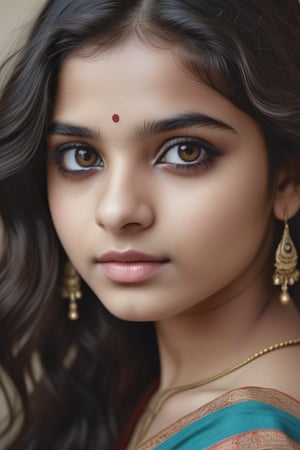 photography of a 18yo girl, masterpiece, photorealistic, analog, realism, neutral background, perfect eyes, pale skin, long black wavy hair, black eyes, indian teenage girl, cute face, salwaar, showcasing her whole body, Hyper Realistic photo 