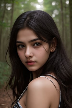 photography of a 18yo girl, masterpiece, photorealistic, analog, realism, standing in forest, perfect eyes, pale skin, long black wavy hair, black eyes, indian teenage girl, cute face, Hyper Realistic photo 