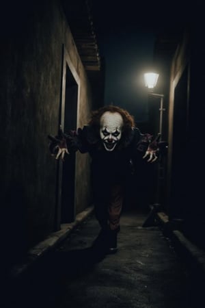 A dark, eerie alleyway at night, a scary clown emerging from the shadows, illuminated by a single flickering streetlamp. The clown's face is twisted in a menacing grin, eyes wide with malevolence. The composition is tight, focusing on the clown's face and outstretched hands, creating a sense of claustrophobic tension. The lighting is low, casting deep shadows, enhancing the horror atmosphere. The clown is mid-step, as if about to lunge forward, adding to the sense of impending danger.