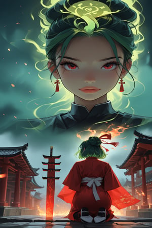 A captivating and enigmatic digital illustration features a shadowy figure, seemingly  a samurai girl, kneeling amidst a dimly lit, foggy field. green hair, medium hair, red eyes, concealing their identity. Their hand grips a magnificent sword with intricate engravings that emit a mesmerizing, fiery red aura. The background reveals a traditional, architectural structure—possibly a temple or shrine—bathed in the soft glow of floating embers or fireflies. The composition by Hans Darias exudes an eerie atmosphere, skillfully blending warm and cool tones to evoke a palpable sense of tension and expectation.,ichika