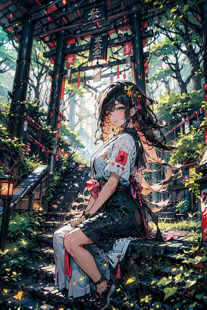 A masterpiece of serene beauty: A Japanese schoolgirl, dressed in her crisp uniform with a vibrant blue skirt, stands at the base of ancient stone stairs, flanked by a majestic mountain and lush forest. Before her, a wispy fox (1.2 meters long) sits calmly, as if waiting for its companion to ascend the temple's Torii gate. Soft focus and gentle lighting enhance the mystical atmosphere, while a hint of chromatic aberration adds an air of dreaminess.