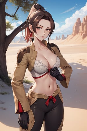 mai shiranui, ponytail, brown hair, dark brown eyes,confident pose, sand, tree, desert,ragnarokthief, jacket, long sleeves, brown gloves, pants