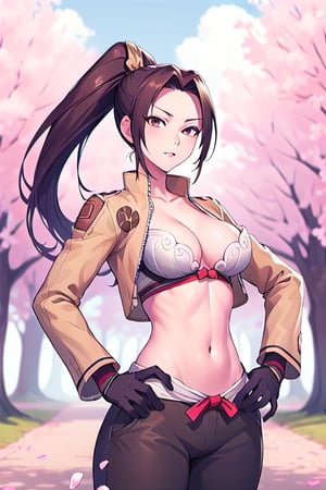 mai shiranui, ponytail, brown hair, brown eyes,confident pose,ragnarokthief, jacket, long sleeves, brown gloves, pants, petals, trees